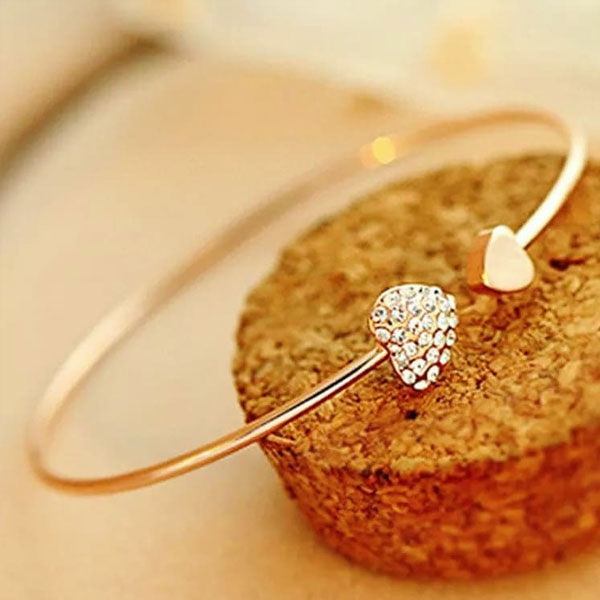 New Fashion Adjustable Crystal Double Heart Open Cuff Bracelet Bangle For Women Jewelry