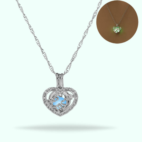 Silver Plated Luminous Heart Stone Pendant Necklace-  Glow In The Dark Mom Letter Pendant for Women