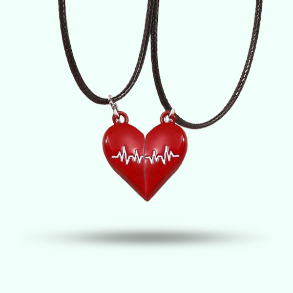 2Pcs Red Couple Heartbeat Pattern Pendant Necklaces- Beautiful Heart Charm Pendant with Black Rope