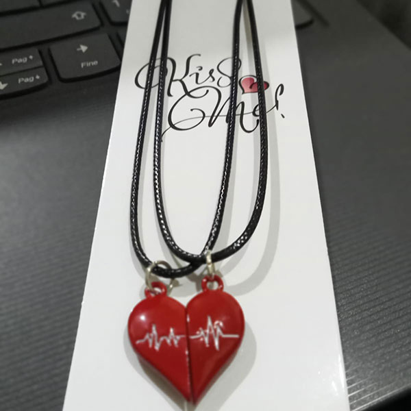 2Pcs Red Couple Heartbeat Pattern Pendant Necklaces- Beautiful Heart Charm Pendant with Black Rope