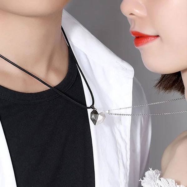 2Pcs/ Set Black and Silver Magnetic Heart Pendant Necklaces- Couple Heart Pendant for Girls and Boys
