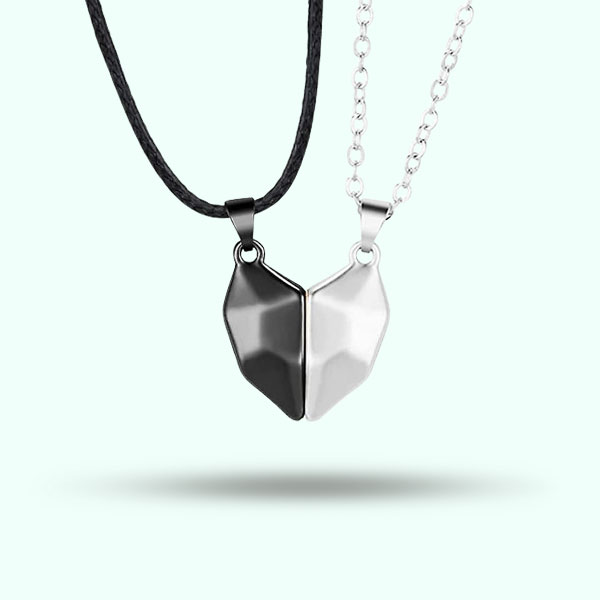 2Pcs/ Set Black and Silver Magnetic Heart Pendant Necklaces- Couple Heart Pendant for Girls and Boys