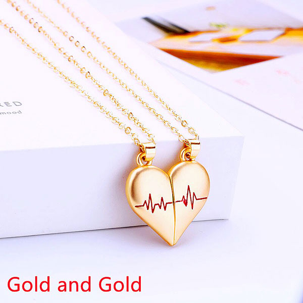 2Pcs/Set Couple Magnet Attracts Pendant Necklace- Golden Heartbeat Heart Pendant Clavicle Chain