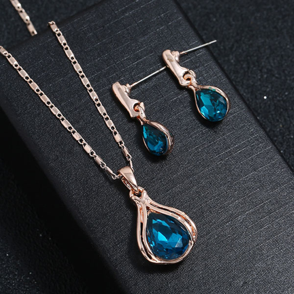 3 Pcs Blue Stone Waterdrop Beautiful Earrings & Pendant Set, Fashion Jewelry Set For Girls 