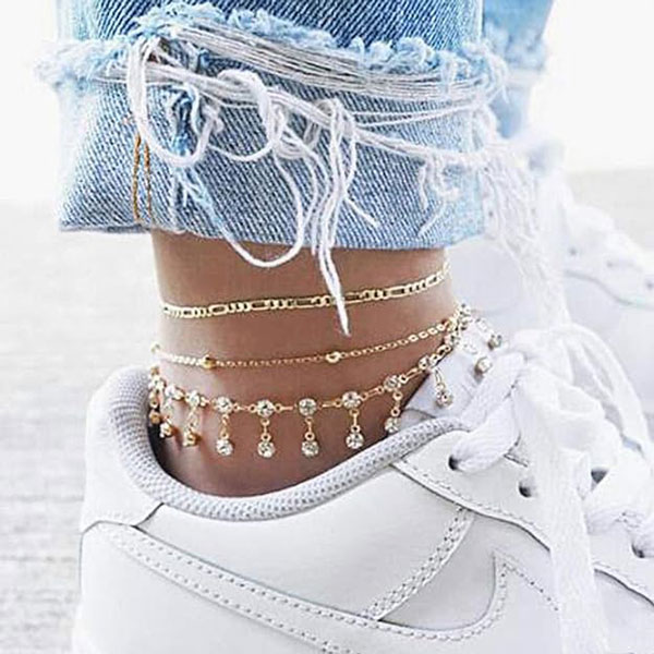3Pcs Gold Color Multi-layer Clear Crystal Stone Summer Anklets For Modern Girls