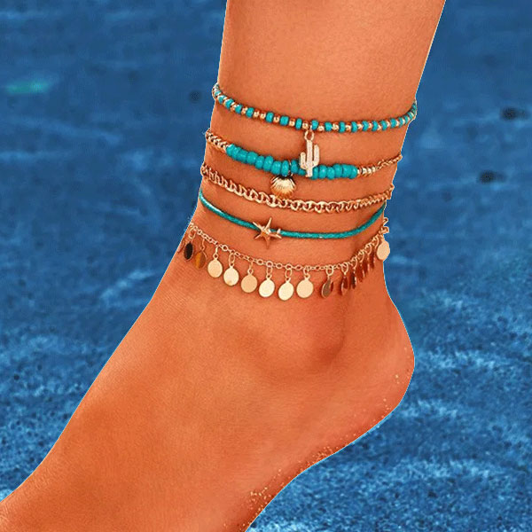 5Pcs/Set Adjustable Rope Star Anklets for Girls & Women - Bare Foot Fashion