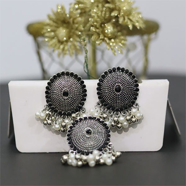 Black and White Crystal Jhumka Earrings with Ring Set for Women