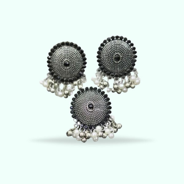 Black and White Crystal Jhumka Earrings with Ring Set for Women
