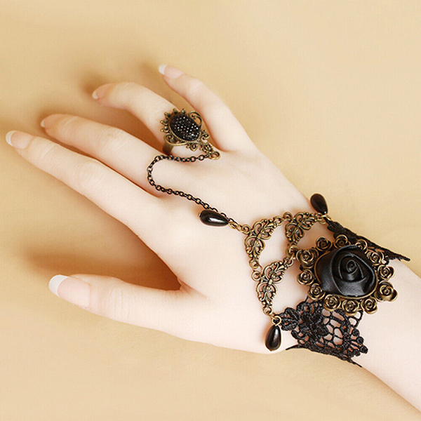 Bohemian Black Color Lace Flower Hand Chain Bracelet Simple Dainty Jewelry Gifts