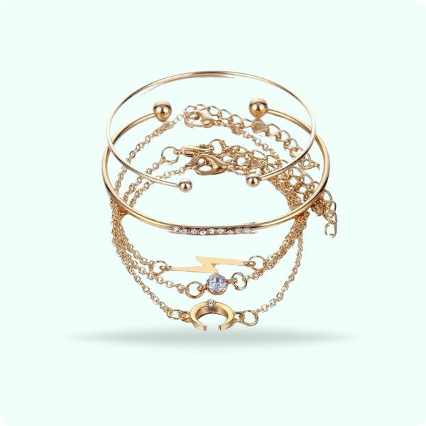 Golden Metal Natural Stone Chain Bracelet Set- Adjustable Bracelets for Girls & Women 