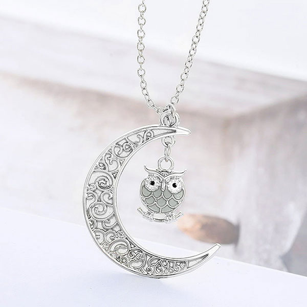 Crescent Moon Glowing Orb Cage Pendant Necklace for Women and Men