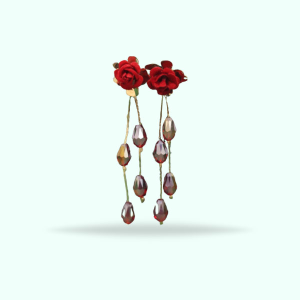  Dazzling Rose with Crystal Beads Long Tail Earrings- Flower Drop Earrings for Girls