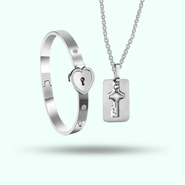 Fashion Couple Heart Lock Key Couple Bracelet Necklace Lover Jewelry Gift	