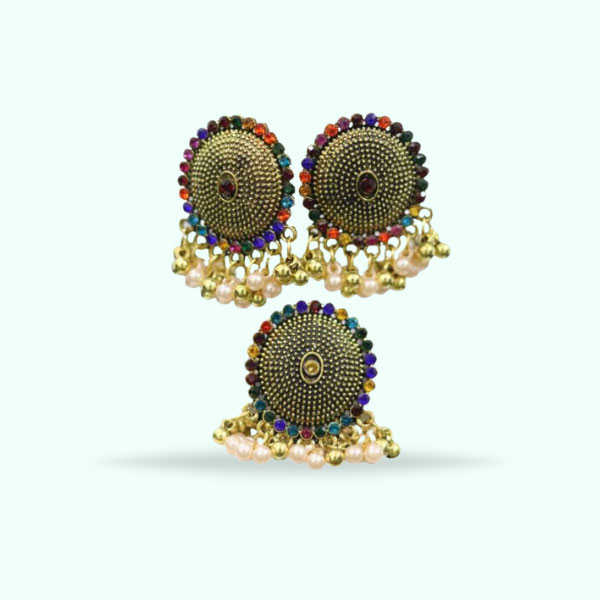 Antique Multicolor Crystal Round-Shaped Earrings and Ring Set 