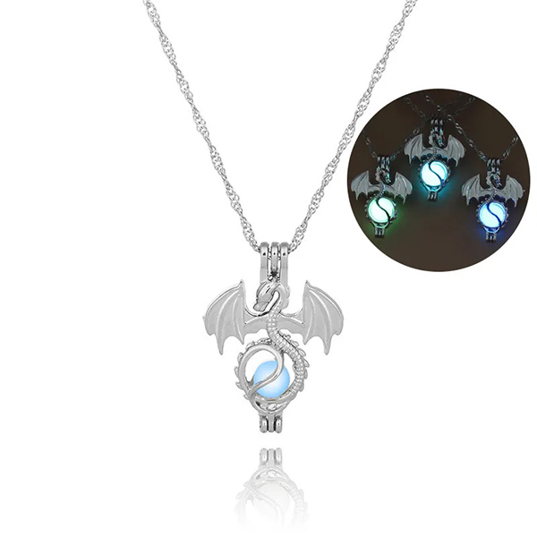 Flying Dragon Glow In The Dark Stone Cage Pendant Necklace - Fashion Jewelry For Girls & Boys