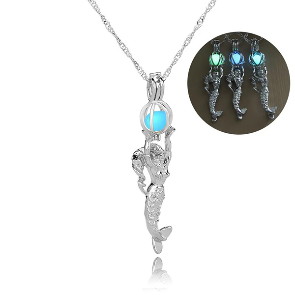Mermaid Shape Glow in The Dark Blue Pendant For Women - Luminous Beads Cage Fashion Necklace 