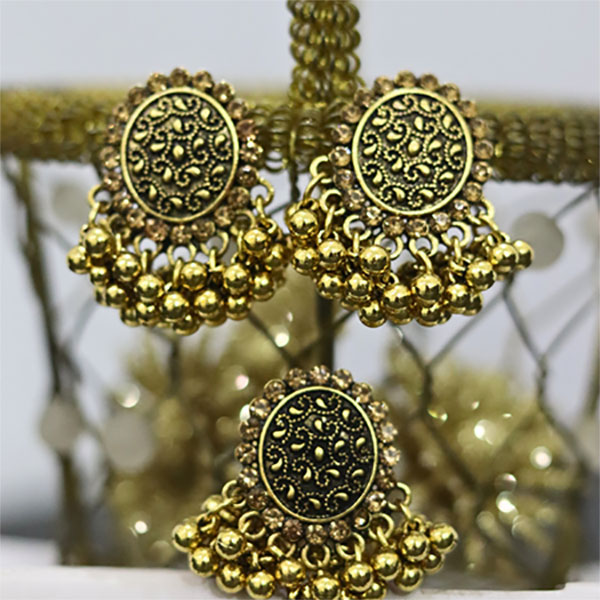Golden Traditional Round-Shape Jhumka Earrings For Girls - Matching Earrings with Ring