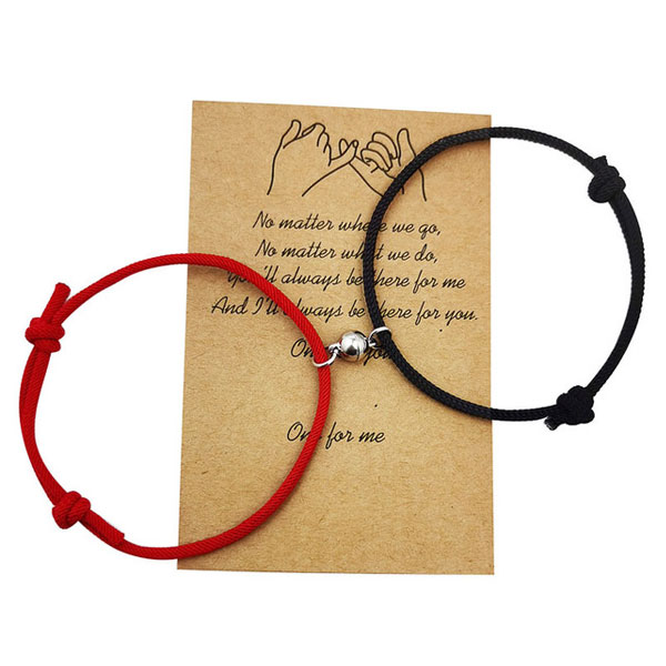 Black and Red Handmade Couple Magnetic Bracelets- Adjustable Rope Matching Bracelets Couples, Friends Gift