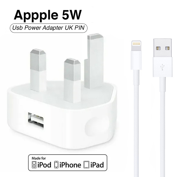 IPhone Usb 5w Power Adaptor Uk Pin With Lightning To Usb Cable