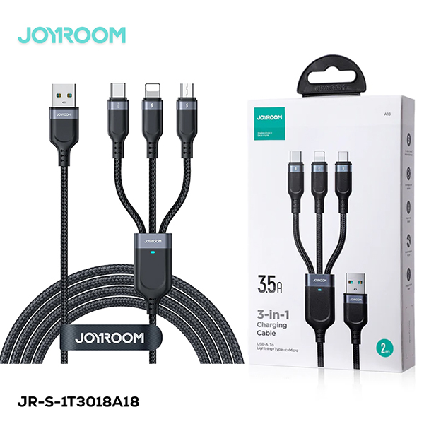 Joyroom S-1t3018a18 Multi-Use 3.5a Usb-A To Lightning + Type-C + Micro 3-In-1 Data Cable 1.2m-Black
