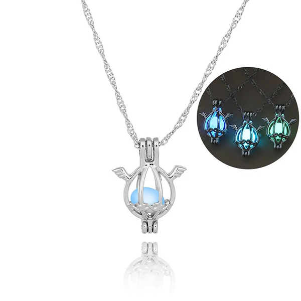 Glow In The Dark Water Drop Shaped Cage Pendant - Aqua Bead Hollow Necklace For Women 