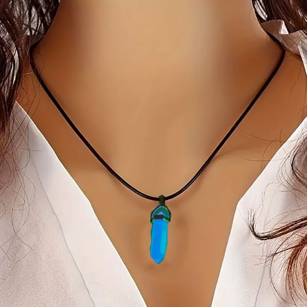 Glow In Dark Hexagonal Natural Crystal Blue Stone Column Luminous Pendant Necklace for Girls & Women