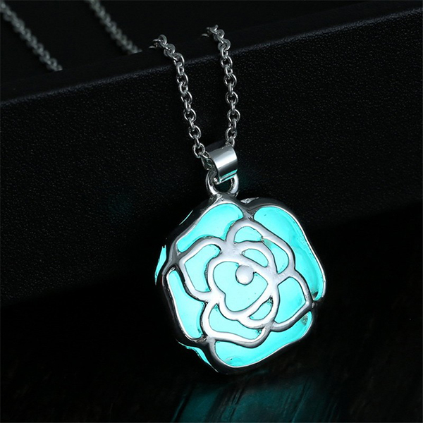 New Fashion Rose Shape Luminous Blue Pendant Necklace For Women - Beautiful Flower Pendant 