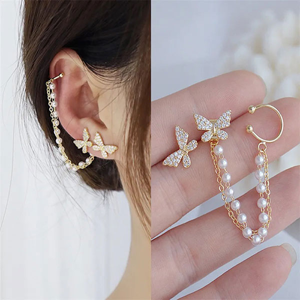 New Korean Style Butterfly Ear Cuff with Pearl Chain Earrings- Ear Clip Tassel Earrings for Girls' Birthday Party Gift