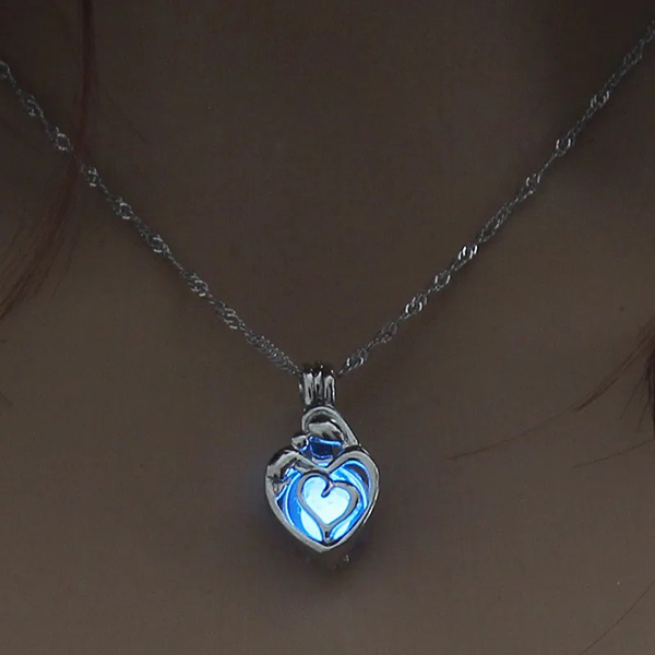 Beautiful Love Heart Luminous Aqua Bead Cage Pendant Necklaces For Girls - Fashion Glowing Jewelry