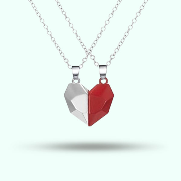 Red and Silver Couples Magnetic Heart Attach Pendant Necklaces- Stainless Steel Locket for Girls, Lovers