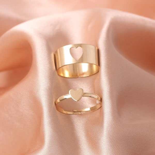 2Pcs Golden Heart Ring Set For Couples- Matching Rings for Women and Men Lover Couples Gift 