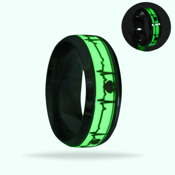 Size 6 - Glow In Dark Luminous Couples Rings- Stainless Steel Heartbeat Pattern Rings Gift Jewelry