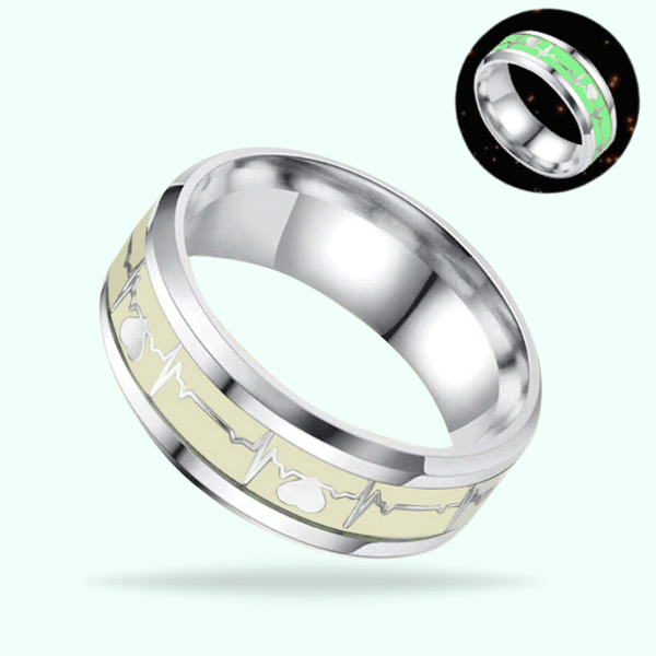 Size 8 - Silver Couple Luminous Heartbeat Finger Rings- Glowing In Dark Heart Rings For Couples and Friends Jewelry Gift
