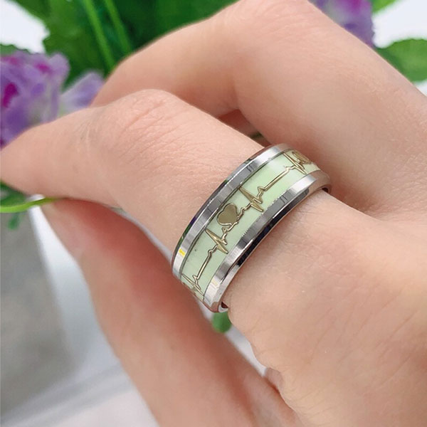 Size 8 - Silver Couple Luminous Heartbeat Finger Rings- Glowing In Dark Heart Rings For Couples and Friends Jewelry Gift