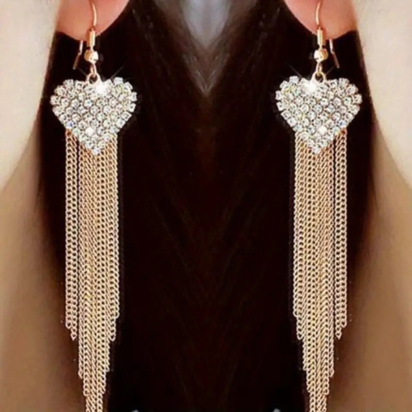 White Crystal Heart Dangle Earrings for Women Tassel Long