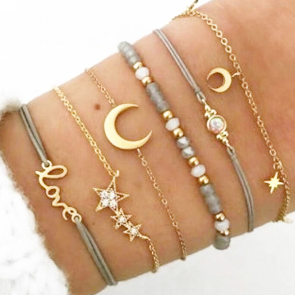 6Pcs/Set Gold Beads Moon Star Chain Bracelet- Bohemian Style Bracelet Set